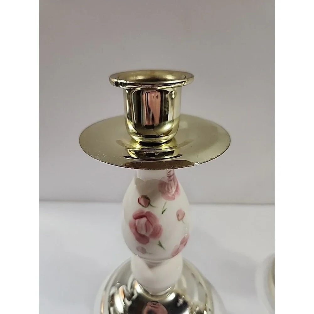 (2) Home Interiors Candle Holders Shabby Chic Pink Floral Gold Taper 7.5